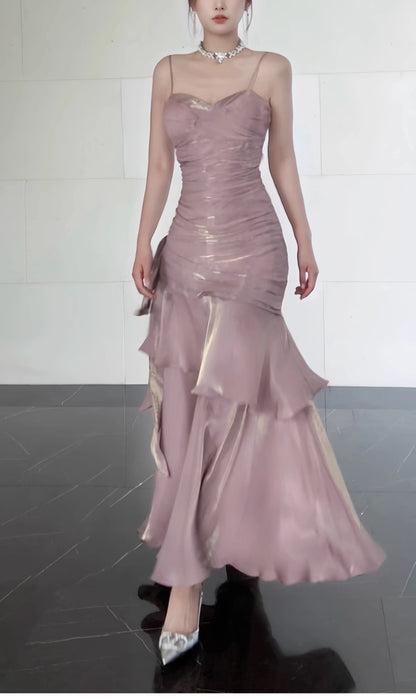 Free-Spirited Mermaid Spaghetti Straps Lilac With Layers Ruffled Semi Formal Summer Garden Beach Prom Event Outfits Wedding Guest Dresses RB4958