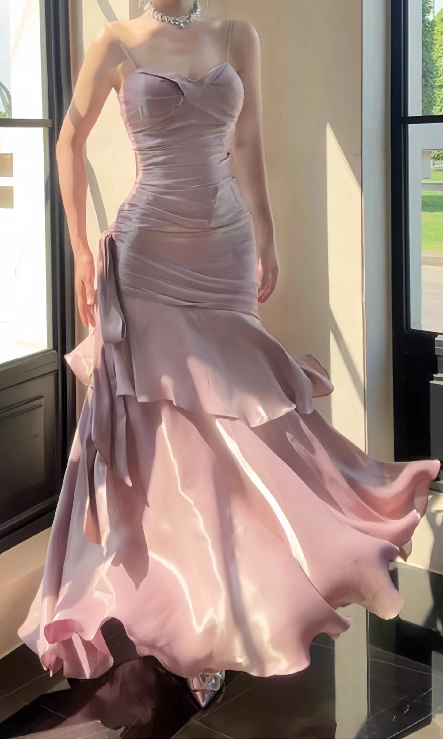 Free-Spirited Mermaid Spaghetti Straps Lilac With Layers Ruffled Semi Formal Summer Garden Beach Prom Event Outfits Wedding Guest Dresses RB4958