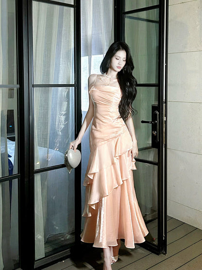 Free-Spirited Mermaid Spaghetti Straps Blush Pink With Layers Ruffled Semi Formal Summer Garden Beach Prom Event Outfits Wedding Guest Dresses RB4959