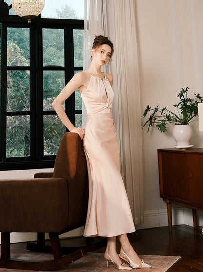 Artistic Sheath Halter Light Pink Satin Sleeveless Outdoor Semi Formal Summer Garden Beach Event Outfits Wedding Guest Dresses RB4962