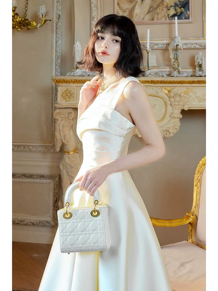 Boho-chic A Line Square Neck White Satin Tea Length Semi Formal Summer Garden Beach Spring Event Outfits Wedding Guest Dresses RB4964
