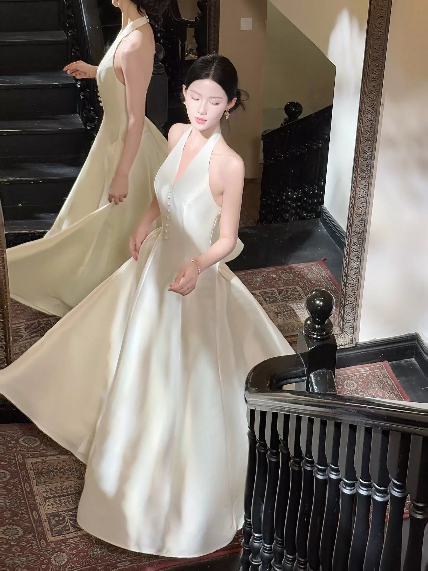 Classy A Line Halter Sleeveless White Satin Ankle Length Semi Formal Summer Garden Beach Spring Event Outfits Wedding Guest Dresses RB4967