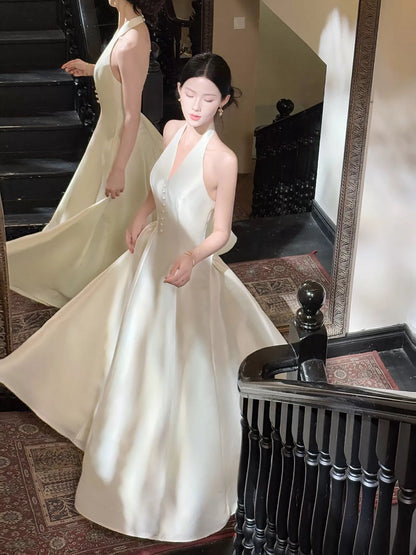 Classy A Line Halter Sleeveless White Satin Ankle Length Semi Formal Summer Garden Beach Spring Event Outfits Wedding Guest Dresses RB4967