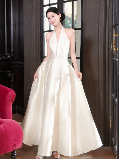 Classy A Line Halter Sleeveless White Satin Ankle Length Semi Formal Summer Garden Beach Spring Event Outfits Wedding Guest Dresses RB4967