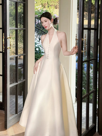 Classy A Line Halter Sleeveless White Satin Ankle Length Semi Formal Summer Garden Beach Spring Event Outfits Wedding Guest Dresses RB4967