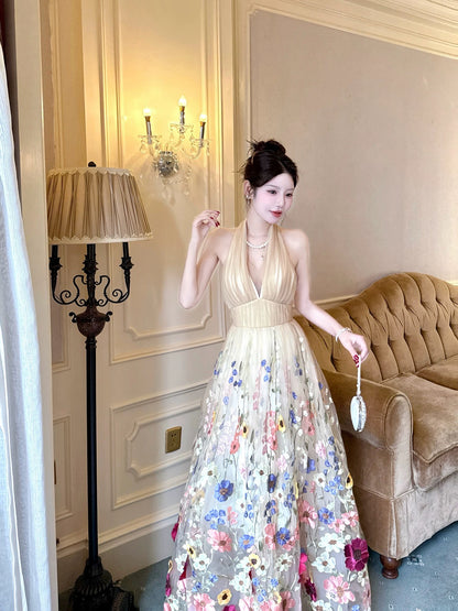 Classy A Line Halter Sleeveless Champagne Lace Ankle Length Semi Formal Summer Garden Beach Spring Event Outfits Wedding Guest Dresses RB4968