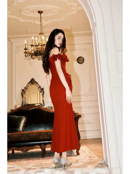 Artistic Mermaid Off The Shoulder Red Satin With Cap Sleeves Outdoor Semi Formal Summer Garden Beach Event Outfits Wedding Guest Dresses RB4969