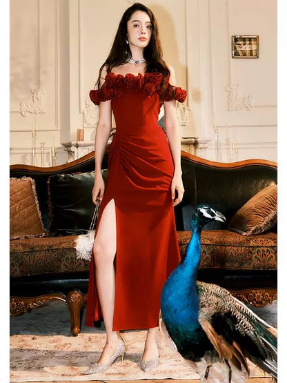 Artistic Mermaid Off The Shoulder Red Satin With Cap Sleeves Outdoor Semi Formal Summer Garden Beach Event Outfits Wedding Guest Dresses RB4969