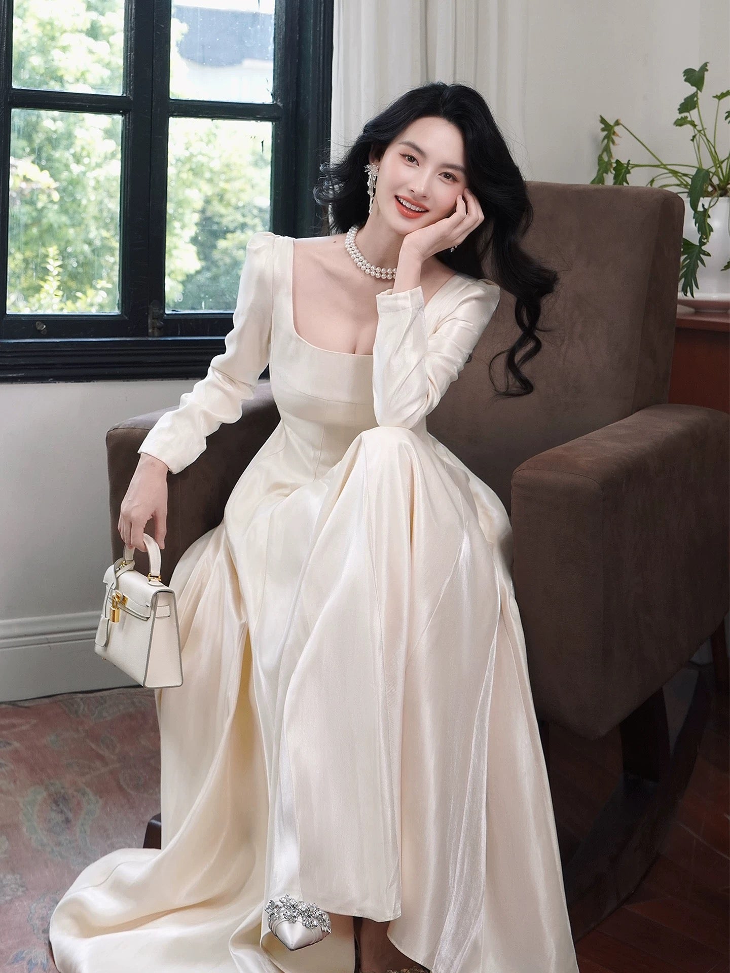 A Line Elegant Long Sleeves Waist-cinching Full-hem Maxi Dress Semi Formal Summer Garden Beach Spring Event Outfits Wedding Guest Dress RB4969