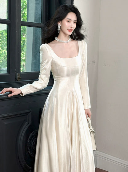 A Line Elegant Long Sleeves Waist-cinching Full-hem Maxi Dress Semi Formal Summer Garden Beach Spring Event Outfits Wedding Guest Dress RB4969