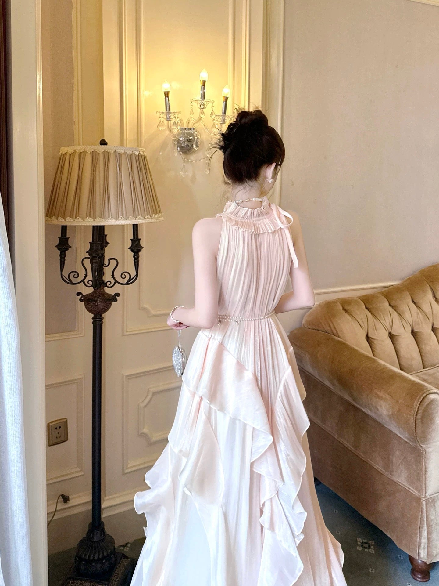 A Line Elegant Halter Sleeveless Waist-cinching Full-hem Maxi Dress Semi Formal Summer Garden Beach Spring Event Outfits Wedding Guest Dress RB4970