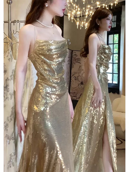 Elegant Mermaid Spaghetti Strap Gold Sequin With Slit Sleeveless Outdoor Semi Formal Summer Garden Beach Event Outfits Wedding Guest Dress RB4971