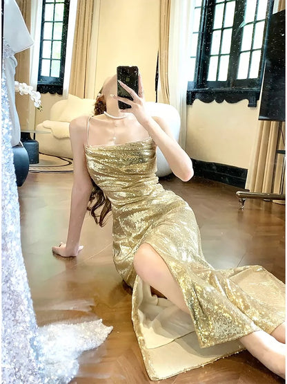 Elegant Mermaid Spaghetti Strap Gold Sequin With Slit Sleeveless Outdoor Semi Formal Summer Garden Beach Event Outfits Wedding Guest Dress RB4971