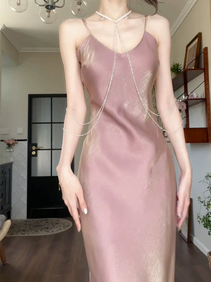 Simple Sheath Spaghetti Straps Semi Formal Summer Garden Beach Spring Event Outfits Pink Wedding Guest Dresses RB4972
