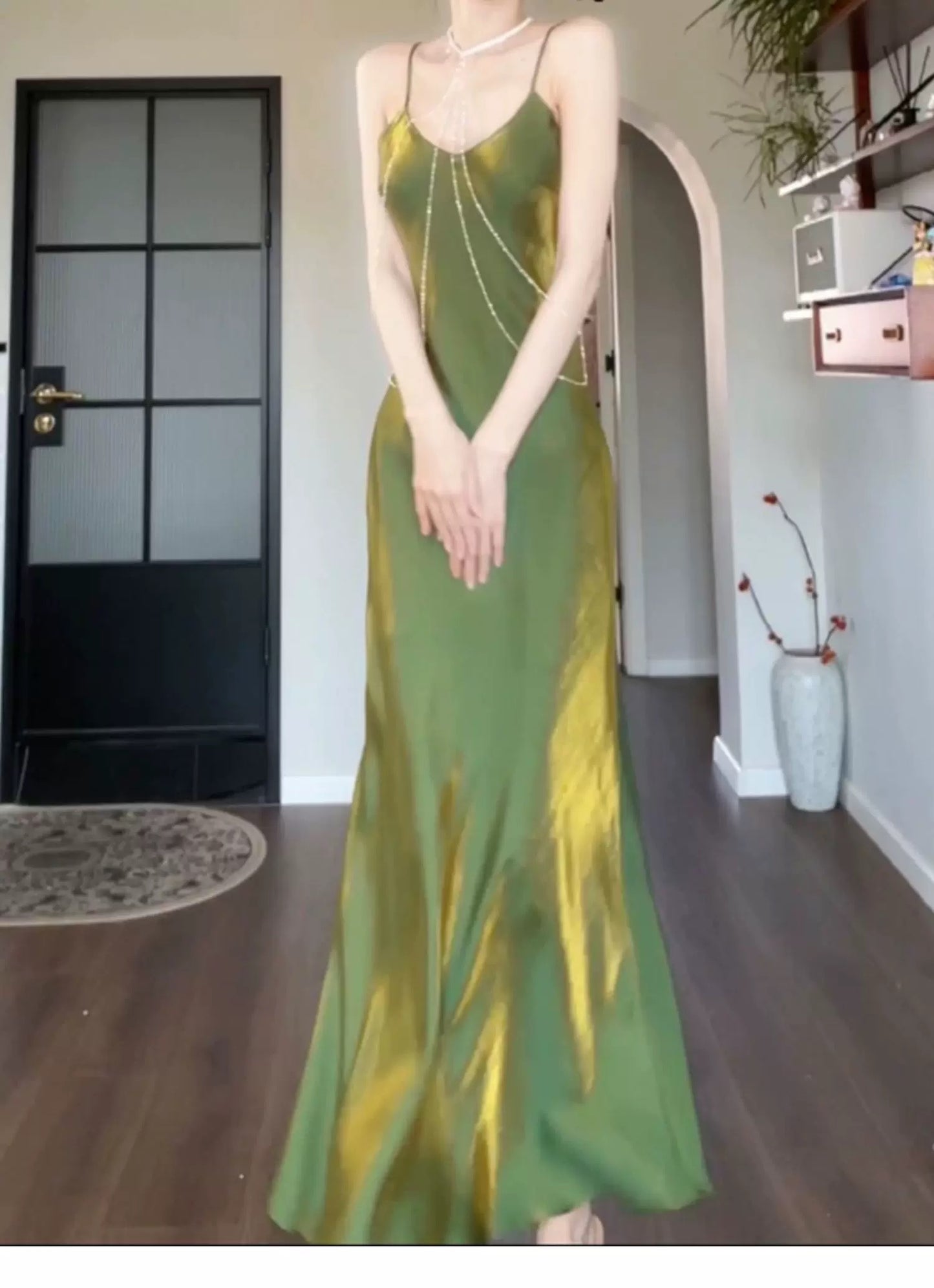Minimalist Solid Swing Midi Dress Sheath Spaghetti Straps Semi Formal Summer Garden Beach Spring Green Wedding Guest Dresses RB4974