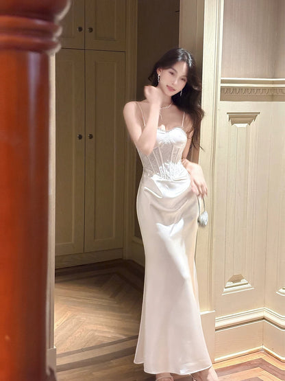 Elegant Mermaid Spaghetti Strap White Sleeveless Waist-cinching Full-hem Maxi Dress Semi Formal Garden Beach Spring Event Outfits Wedding Guest Dress RB4975