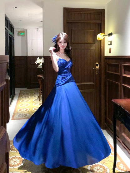 Elegant A Line Spaghetti Strap Royal Blue Sleeveless Waist-cinching Full-hem Maxi Dress Semi Formal Garden Beach Spring Event Outfits Wedding Guest Dress RB4976