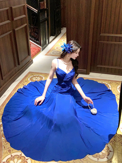 Elegant A Line Spaghetti Strap Royal Blue Sleeveless Waist-cinching Full-hem Maxi Dress Semi Formal Garden Beach Spring Event Outfits Wedding Guest Dress RB4976