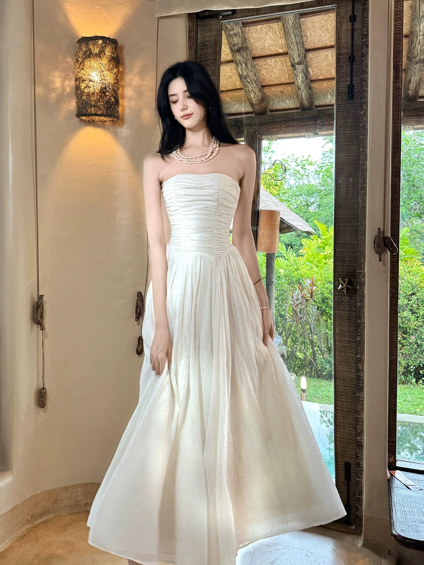 Artistic A line Strapless White Outdoor Semi Formal Summer Garden Beach Event Outfits Wedding Guest Dresses RB4677