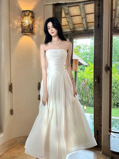 Artistic A line Strapless White Outdoor Semi Formal Summer Garden Beach Event Outfits Wedding Guest Dresses RB4677