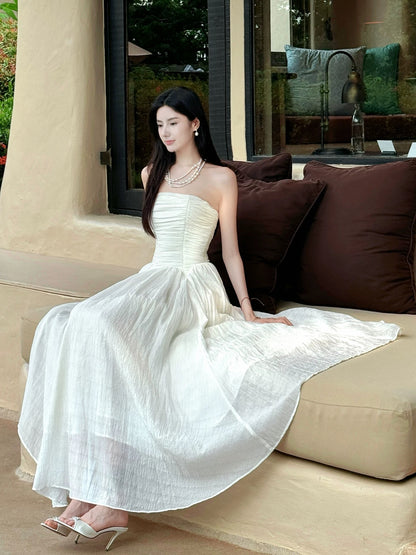 Artistic A line Strapless White Outdoor Semi Formal Summer Garden Beach Event Outfits Wedding Guest Dresses RB4677