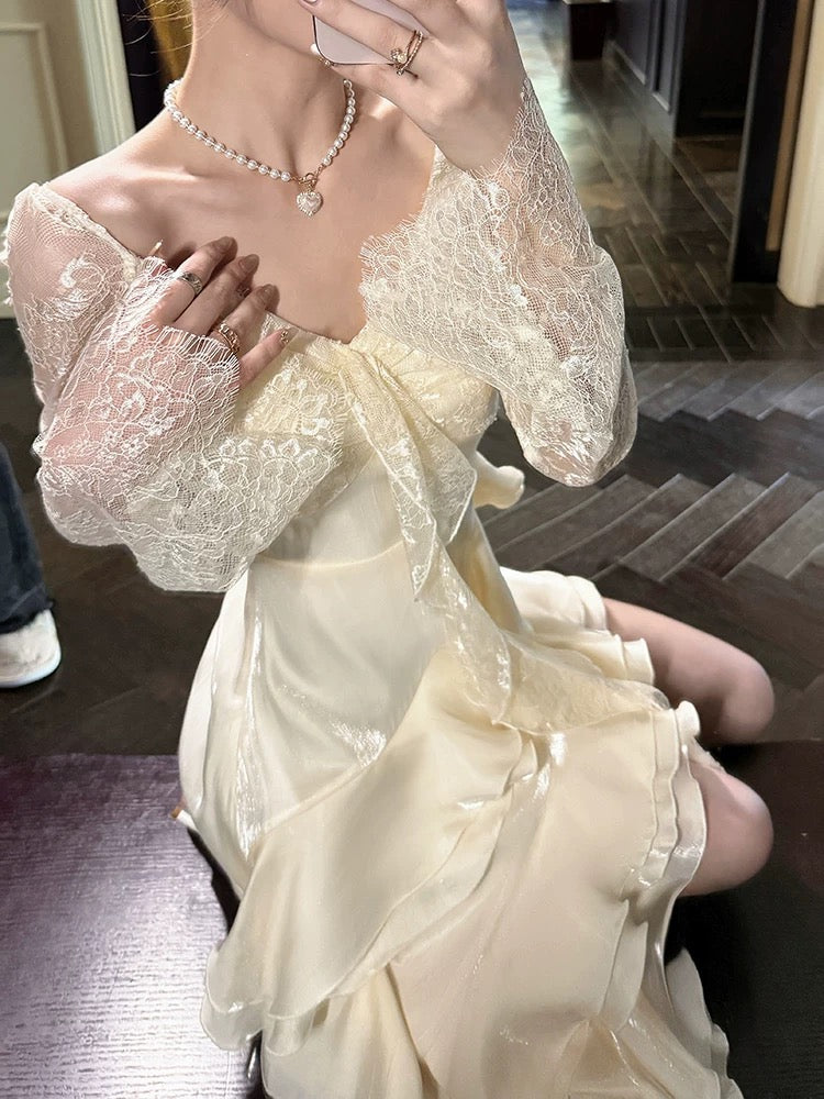 Elegant Mermaid High Low With Long Sleeves Lace Waist-cinching Full-hem Maxi Dress Semi Formal Garden Beach Event Outfits Wedding Guest Dresses RB4979