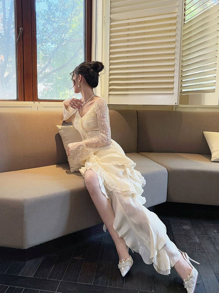 Elegant Mermaid High Low With Long Sleeves Lace Waist-cinching Full-hem Maxi Dress Semi Formal Garden Beach Event Outfits Wedding Guest Dresses RB4979