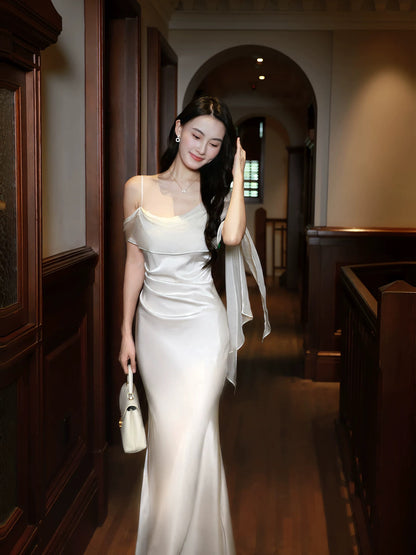 Elegant Mermaid Spaghetti Strap White Satin With Ruffled Sleeveless Outdoor Semi Formal Summer Garden Beach Event Outfits Wedding Guest Dress RB4980