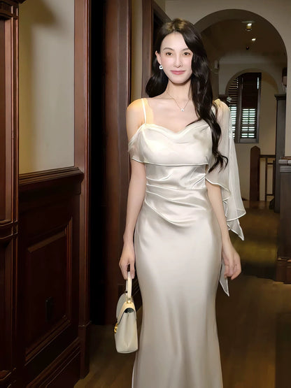 Elegant Mermaid Spaghetti Strap White Satin With Ruffled Sleeveless Outdoor Semi Formal Summer Garden Beach Event Outfits Wedding Guest Dress RB4980