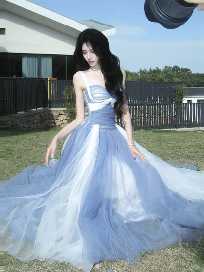 Elegant A Line Spaghetti Strap Tulle Multi Colors Blue With Ruffled Sleeveless Outdoor Semi Formal Summer Garden Beach Event Outfits Wedding Guest Dresses RB4982