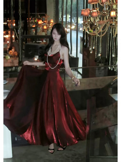 Elegant A Line Spaghetti Strap Burgundy Satin Full-hem Maxi Dress Semi Formal Garden Date Night Outfit Wedding Guest Dresses RB5018