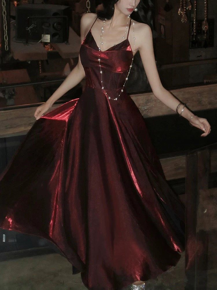 Elegant A Line Spaghetti Strap Burgundy Satin Full-hem Maxi Dress Semi Formal Garden Date Night Outfit Wedding Guest Dresses RB5018