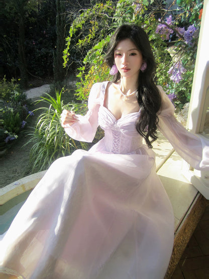 Artistic A Line Square Neck Lilac Chiffon With Long Sleeves Outdoor Semi Formal Summer Garden Event Outfits Wedding Guest Dresses RB5019