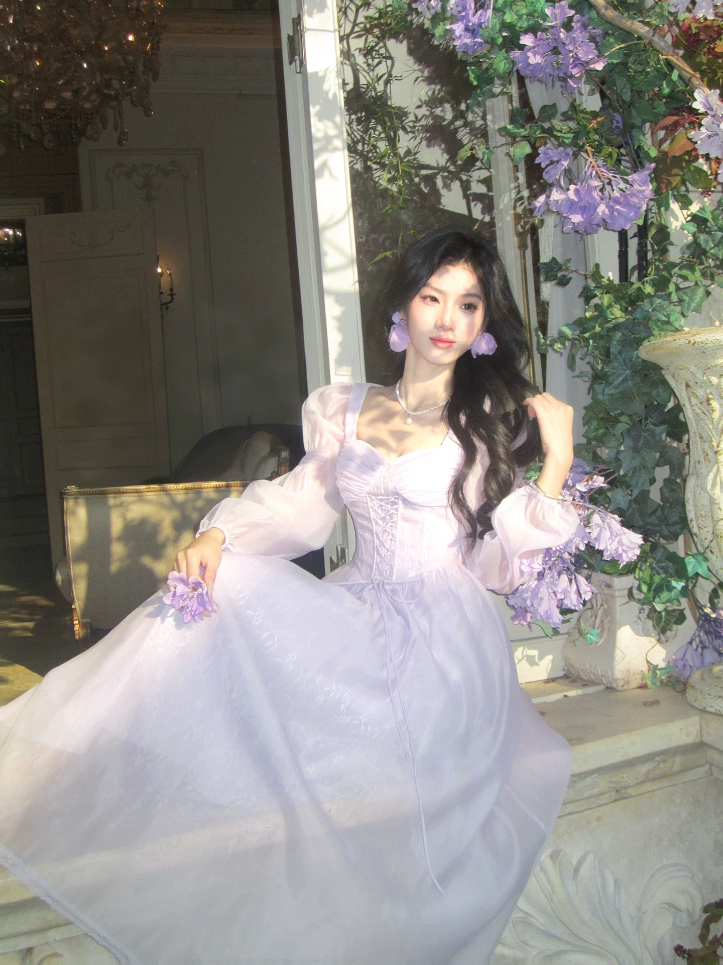 Artistic A Line Square Neck Lilac Chiffon With Long Sleeves Outdoor Semi Formal Summer Garden Event Outfits Wedding Guest Dresses RB5019