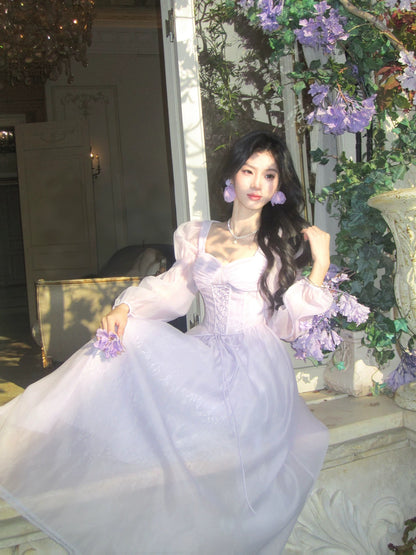 Artistic A Line Square Neck Lilac Chiffon With Long Sleeves Outdoor Semi Formal Summer Garden Event Outfits Wedding Guest Dresses RB5019