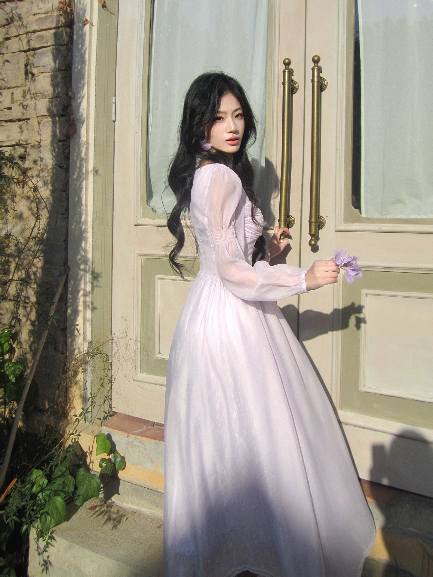 Artistic A Line Square Neck Lilac Chiffon With Long Sleeves Outdoor Semi Formal Summer Garden Event Outfits Wedding Guest Dresses RB5019