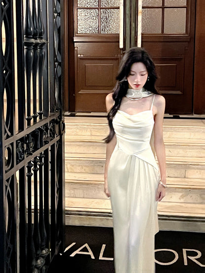 Elegant Mermaid Spaghetti Strap With Scarf Satin Full-hem Maxi Dress Semi Formal Garden Date Night Outfit Wedding Guest Dresses RB5020