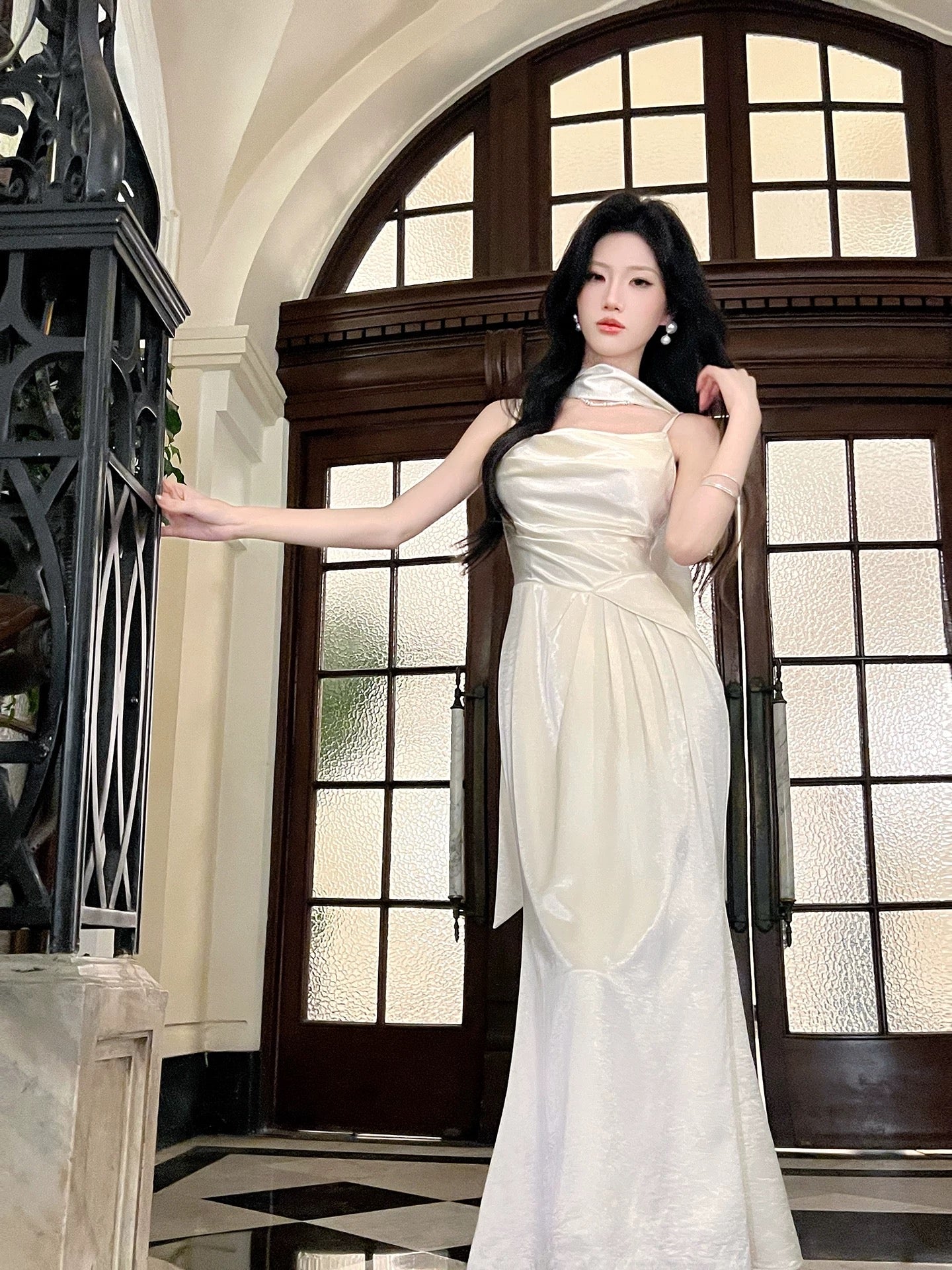 Elegant Mermaid Spaghetti Strap With Scarf Satin Full-hem Maxi Dress Semi Formal Garden Date Night Outfit Wedding Guest Dresses RB5020