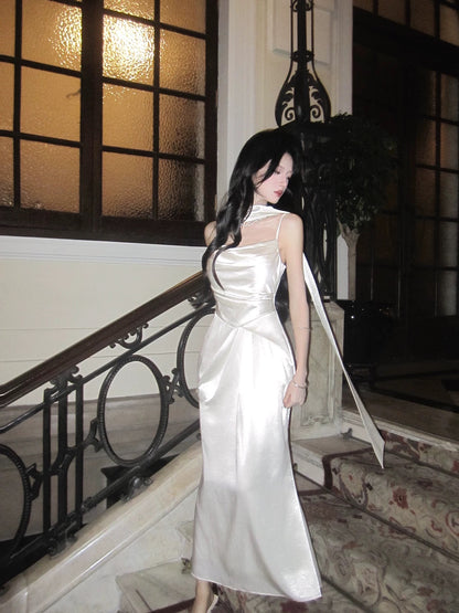 Elegant Mermaid Spaghetti Strap With Scarf Satin Full-hem Maxi Dress Semi Formal Garden Date Night Outfit Wedding Guest Dresses RB5020