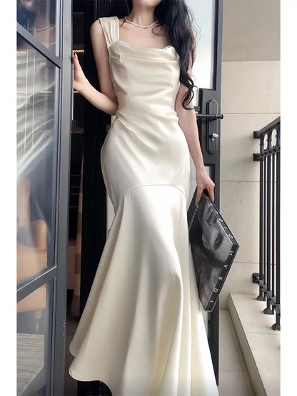 Timeless Mermaid Square Neck Satin White With Ruffled Outdoor Semi Formal Garden Beach Event Outfits Wedding Guest Dresses RB5015