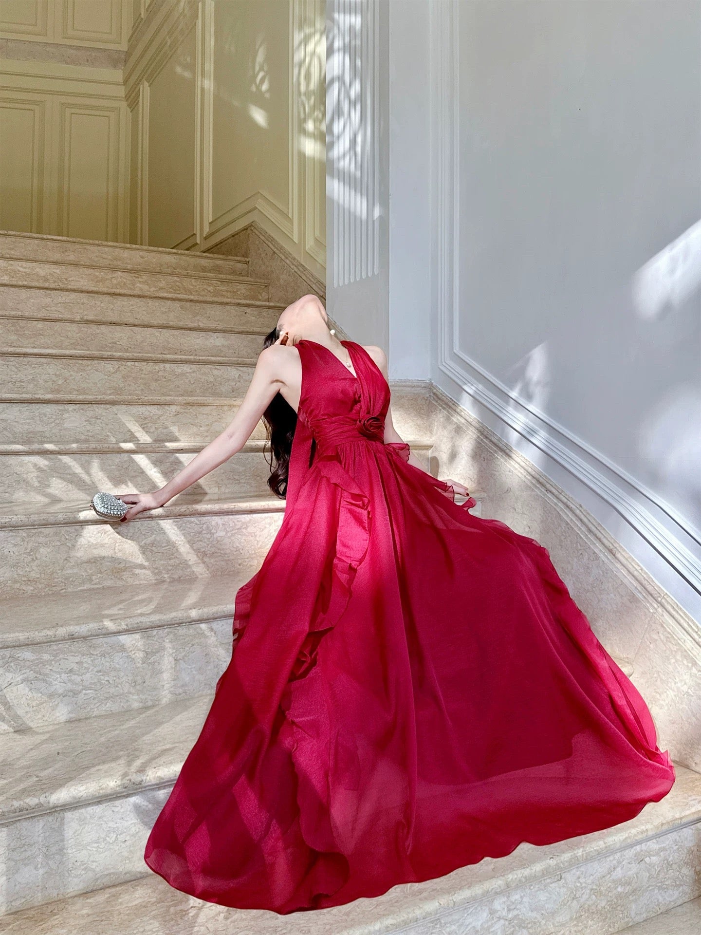 Timeless A Line Halter Sleeveless Burgundy Chiffon Date Night Outfit With Ruffled Outdoor Semi Formal Wedding Guest Dresses RB5022