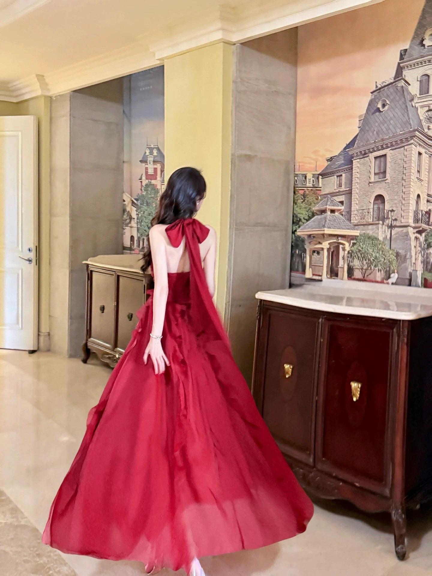 Timeless A Line Halter Sleeveless Burgundy Chiffon Date Night Outfit With Ruffled Outdoor Semi Formal Wedding Guest Dresses RB5022