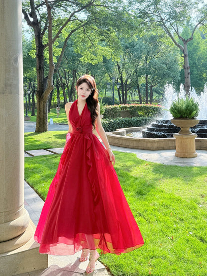 Timeless A Line Halter Sleeveless Burgundy Chiffon Date Night Outfit With Ruffled Outdoor Semi Formal Wedding Guest Dresses RB5022