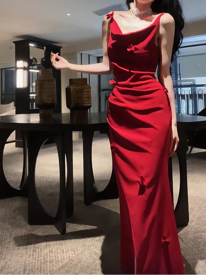 Elegant Mermaid Spaghetti Strap Burgundy Satin Full-hem Maxi Semi Formal Garden Date Night Outfit Wedding Guest Dresses RB5023