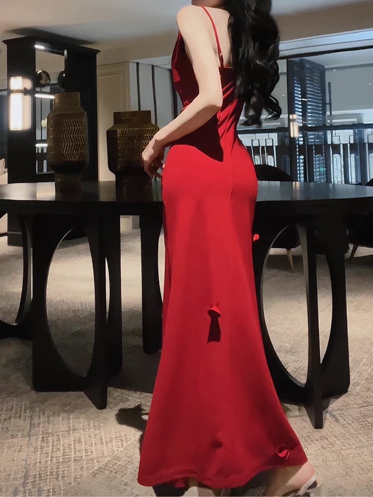 Elegant Mermaid Spaghetti Strap Burgundy Satin Full-hem Maxi Semi Formal Garden Date Night Outfit Wedding Guest Dresses RB5023