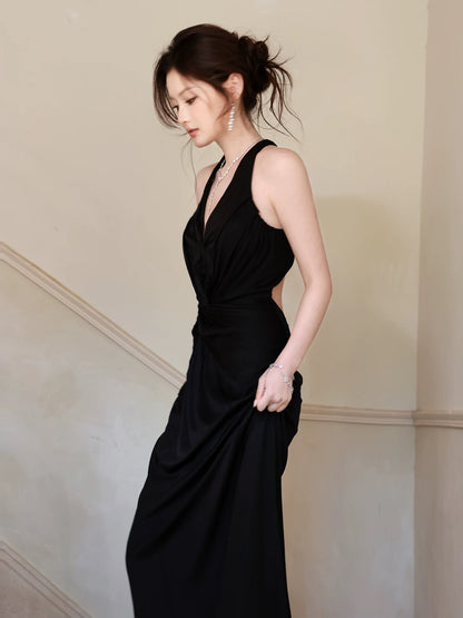 Timeless Mermaid Halter Sleeveless Backless Black Tie Dress Date Night Outfit With Ruffled Outdoor Semi Formal Wedding Guest Dresses RB5024