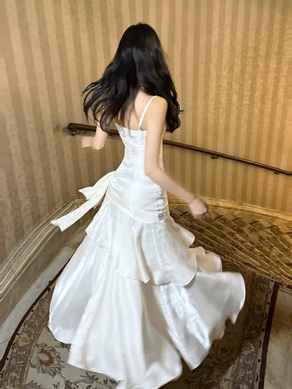 Elegant Mermaid Spaghetti Strap White Sleeveless Date Night Outfit Outdoor Semi Formal Wedding Guest Dresses RB5030