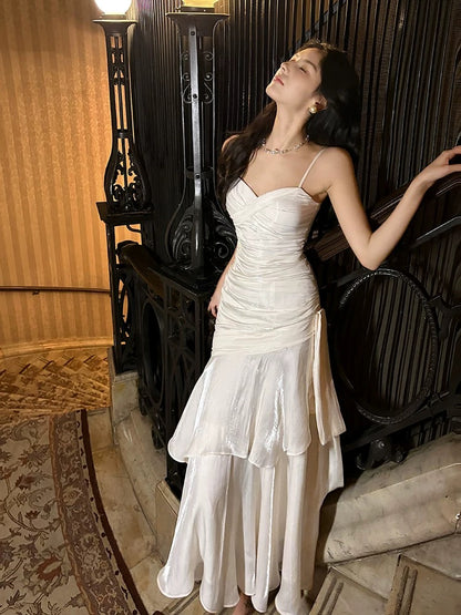 Elegant Mermaid Spaghetti Strap White Sleeveless Date Night Outfit Outdoor Semi Formal Wedding Guest Dresses RB5030