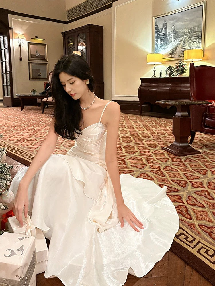 Elegant Mermaid Spaghetti Strap White Sleeveless Date Night Outfit Outdoor Semi Formal Wedding Guest Dresses RB5030