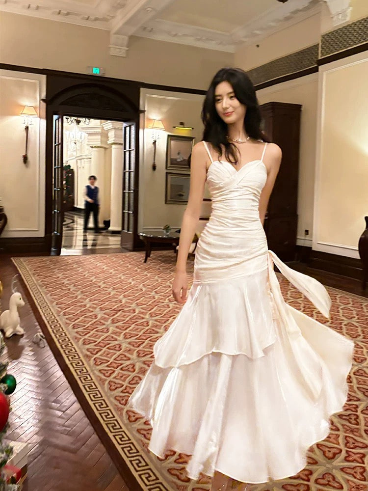 Elegant Mermaid Spaghetti Strap White Sleeveless Date Night Outfit Outdoor Semi Formal Wedding Guest Dresses RB5030